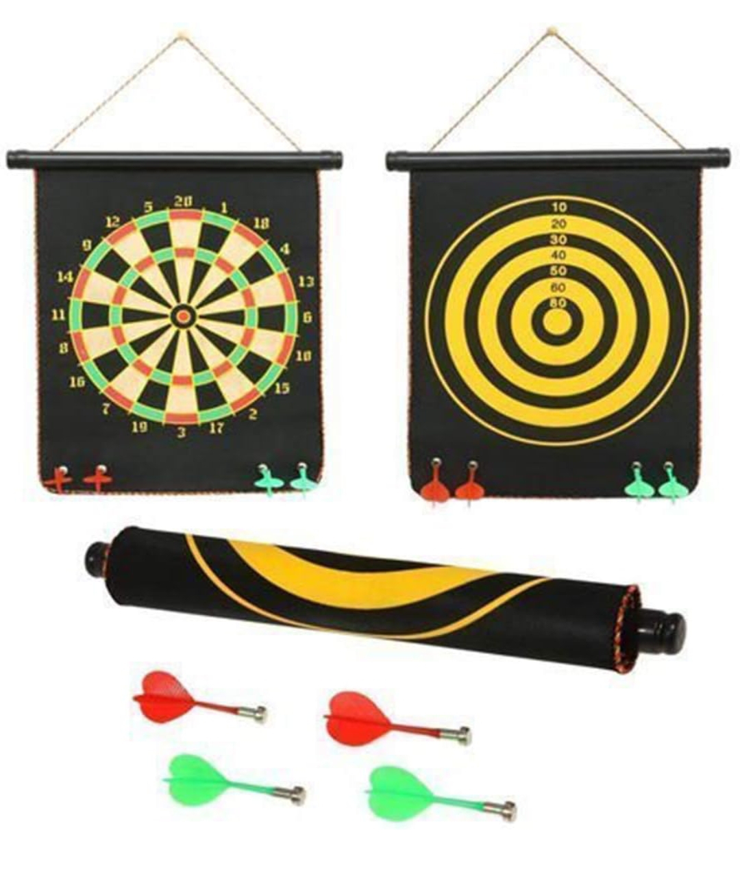Toyshine Magnetic Power with Double Faced Portable and Foldable Dart Game with 4 Colourful Non Pointed Darts for Kids, Multi Colour, 12-Inch SSTP