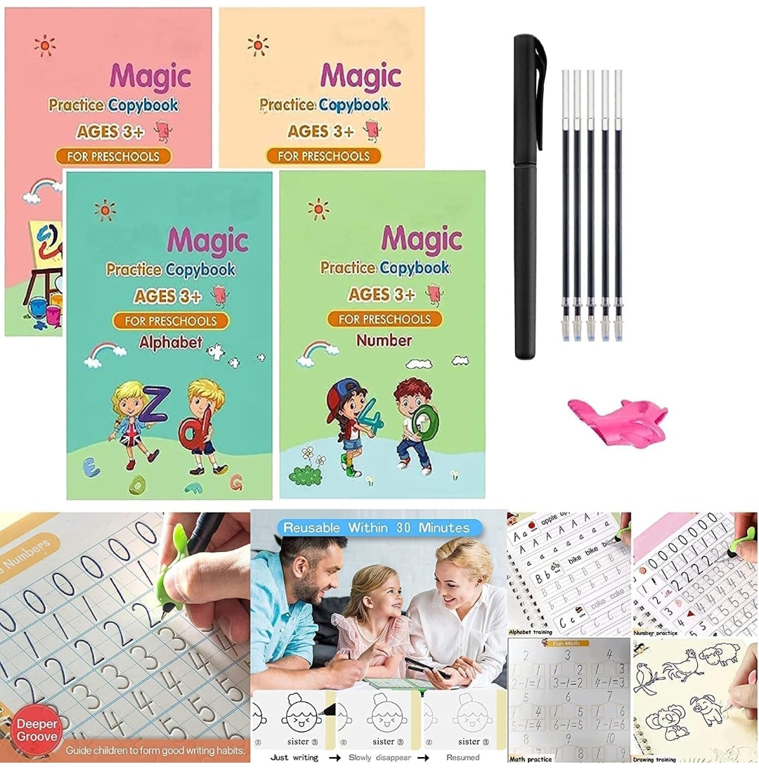 ZARQITO Hindi and English language Magic Practice Copybook for Kids,Handwriting Practice Book 4 Pack with Pen Refill English Cursive Calligraphy Reusable Age 3-8