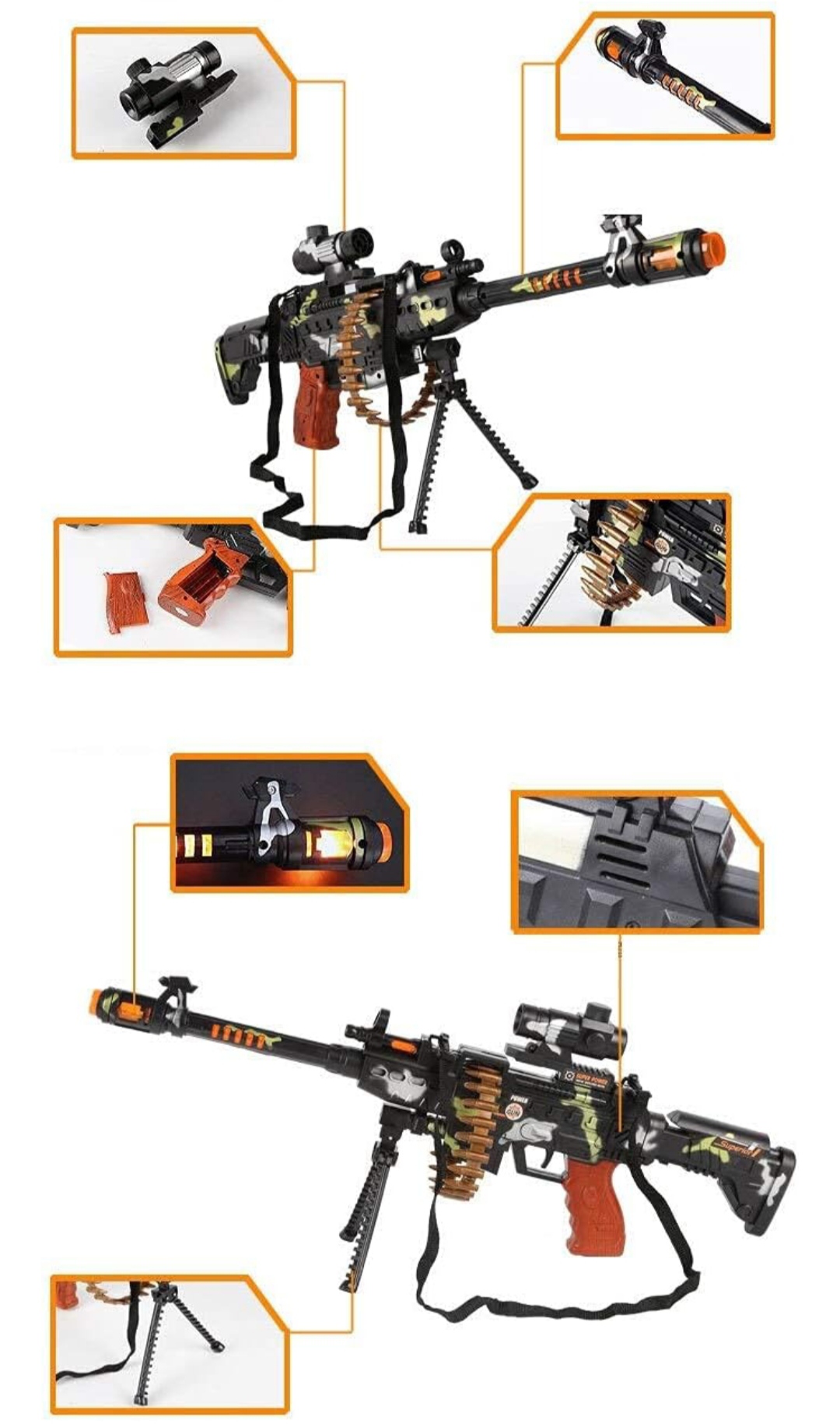 VGRASSP Army Style Machine Gun Toy for Kids with Realistic Bullets on Belt Movement, Music, Lights and Laser Light (25 Inch) - Color As Per Stock