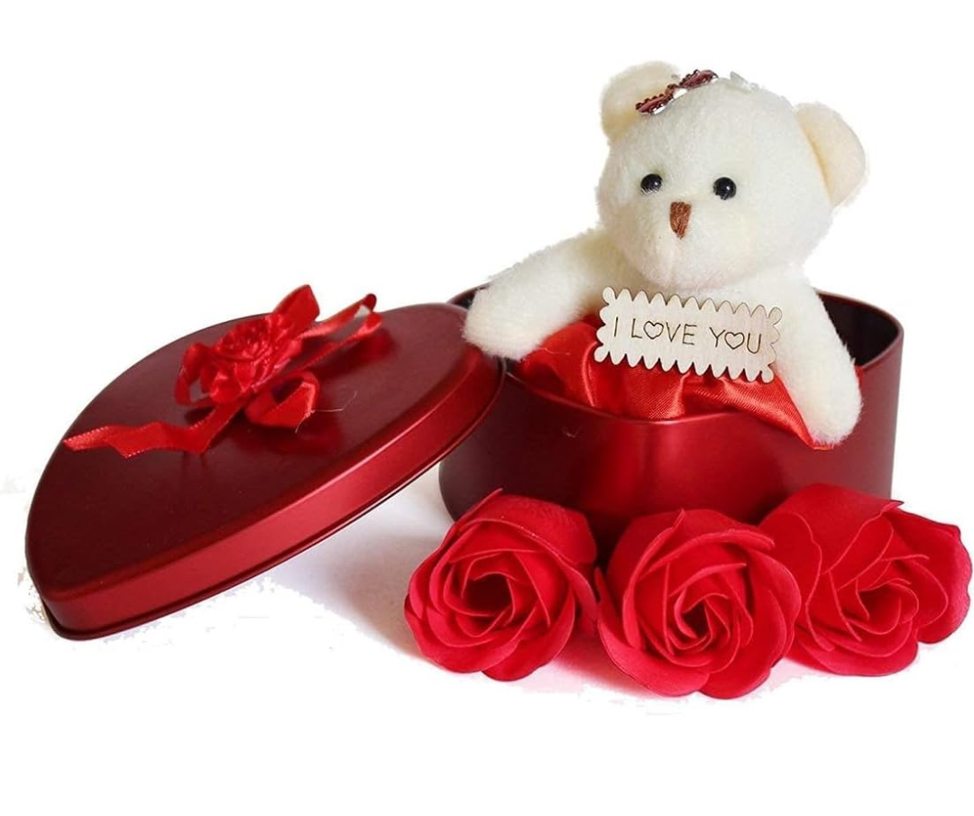 Vibrant Green Vibrand Green Artificial Red Rose Flower &amp; Teddy Bear In Heart Shape Metal Box Combo Of 3 Valentine Gift Box Gift For Girlfriend, Wife, Lovers Romantic Gift For Valentine Day