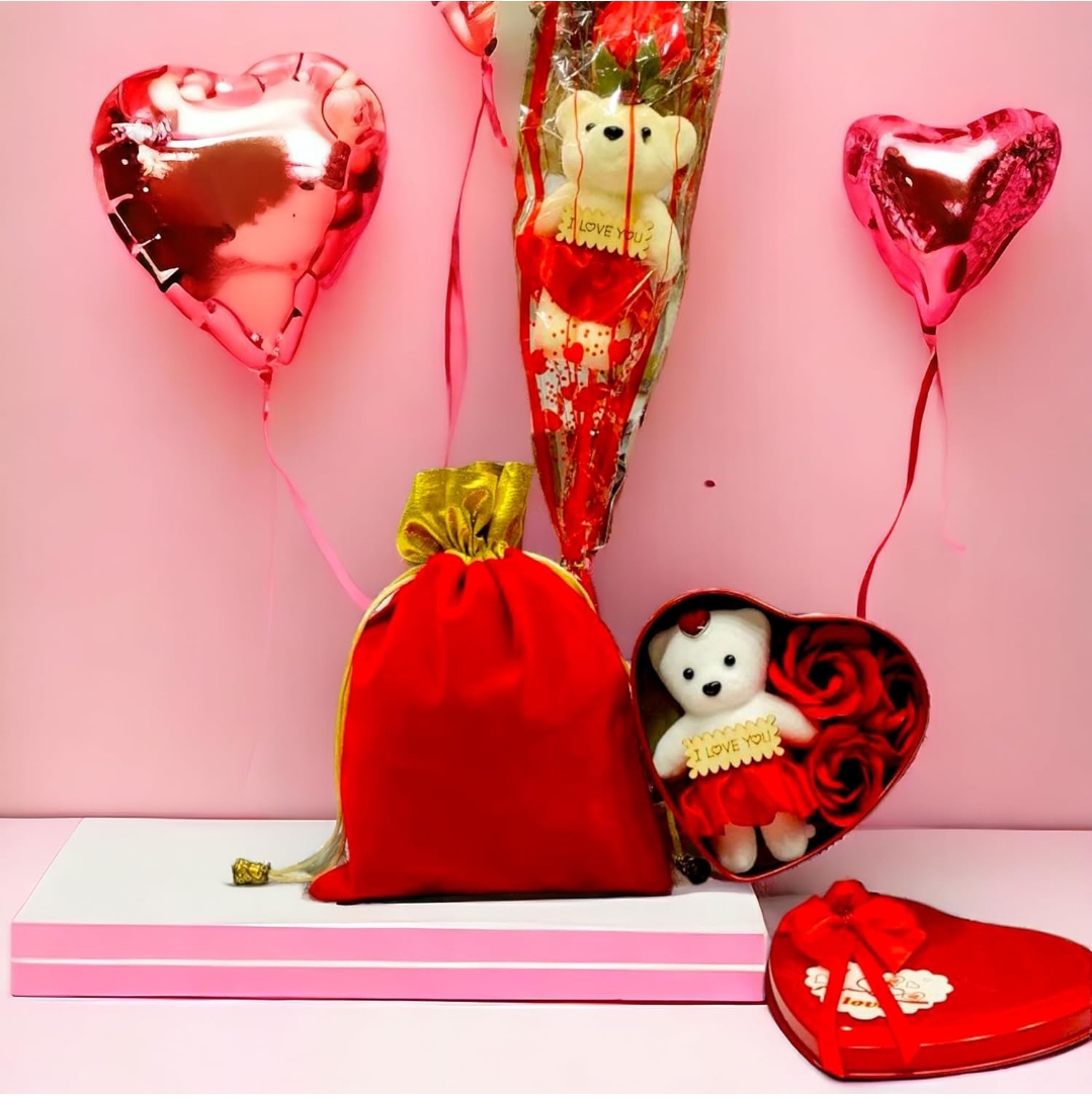 Valentine Day Gift for Girls Boys Girlfriend Boyfriend Husband Wife - Valentines Special Artificial Rose, Teddy Gift Box Rose with Teddy Bear and Carry Bag Valentine Gifts (rose with 2 teddy With Assorted Potli))