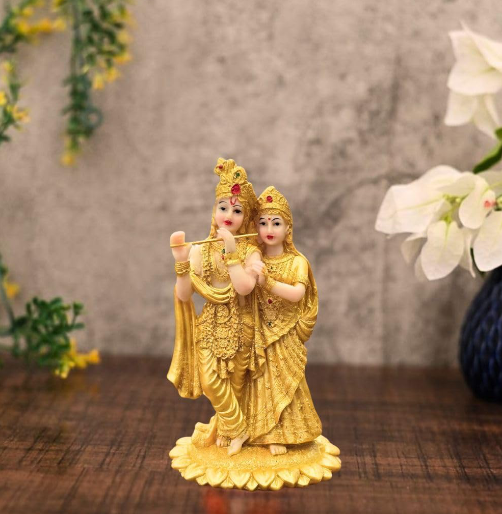 1 Pc Shree Radha Krishna Murti - Statue Decor Gold Idol Decoration Showpiece for Office, Pooja, Mandir, Table, radhakrishna Figurines Gift Decorative Gifts (Small