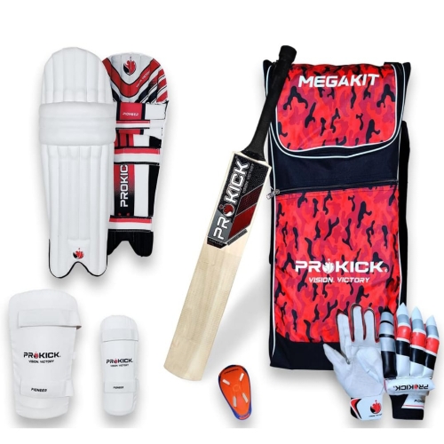 Prokick Megakit Kashmir Willow Full Cricket Kit, Black/Red Camouflage - Size 4