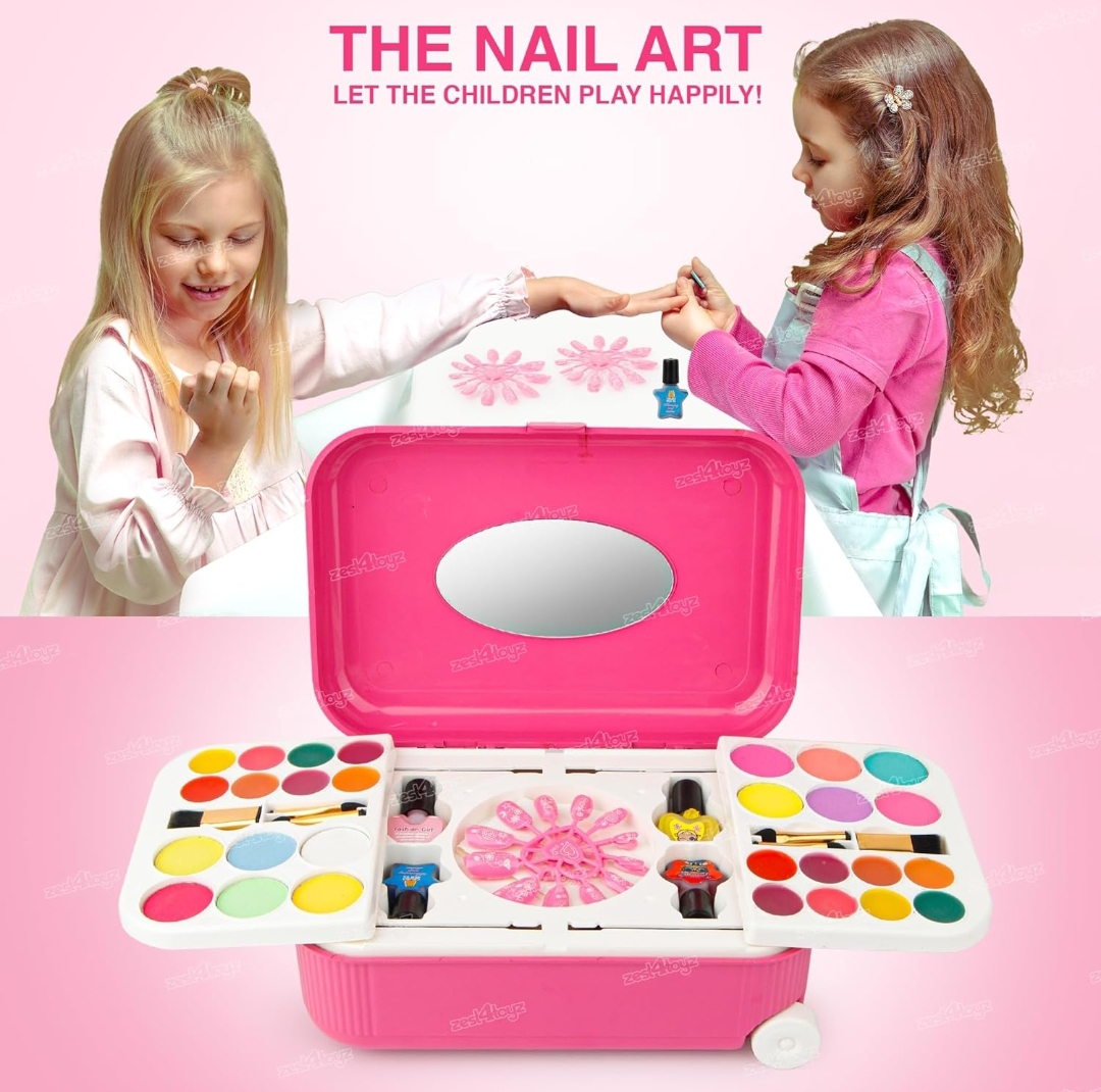 Zest 4 Toyz 2 in 1 Cosmetic Makeup Palette and Nail Art Kit for Kids with Portable Trolly Bag | Pretend Play Toy for Girls -Plastic , Multicolor