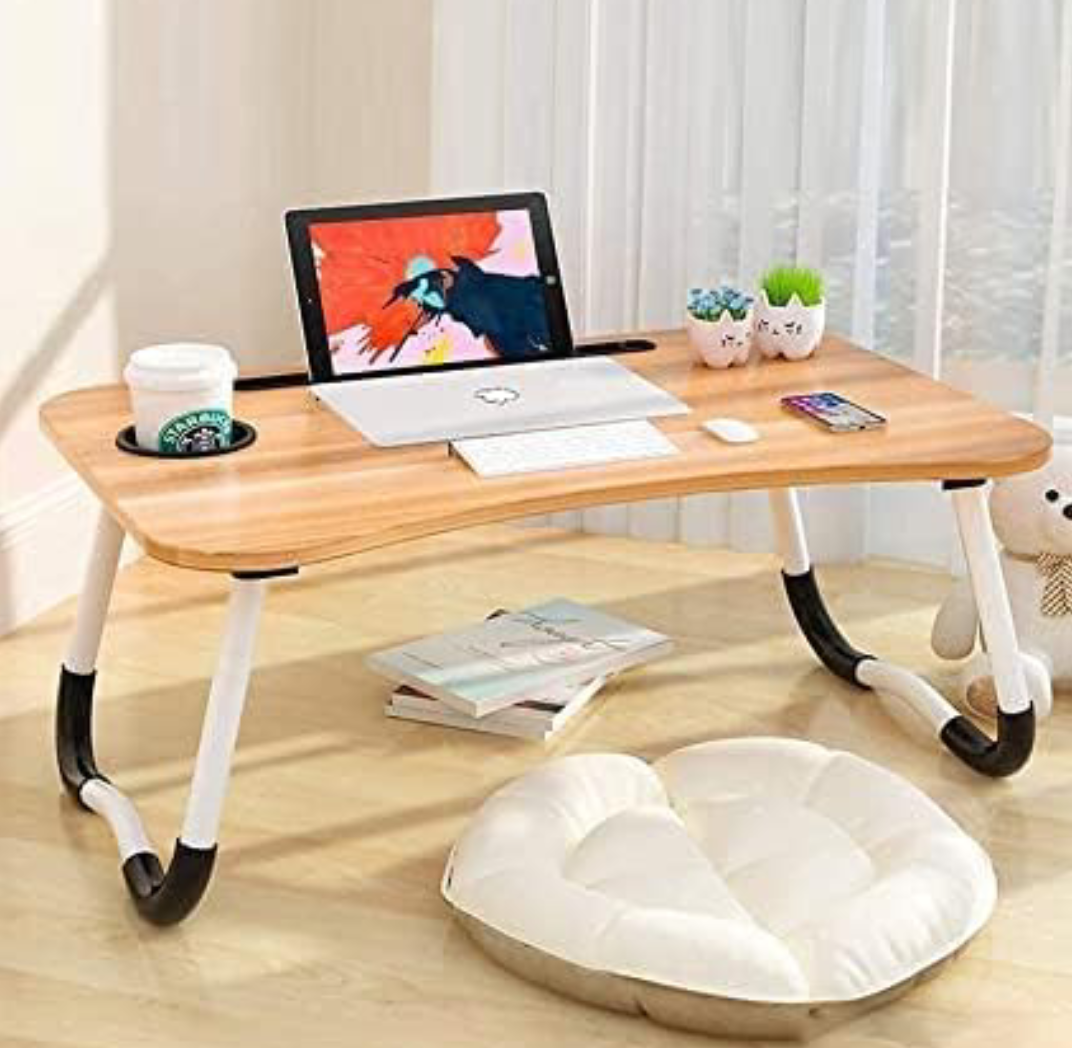 YOGIRAJ Wqw4Wuw Foldable Laptop Table Multipurpose With Cup Holder, Study Bed Breakfast Table Large Size And Portable/Ergonomic | Rounded Edges/Non-Slip Legs (Wood)