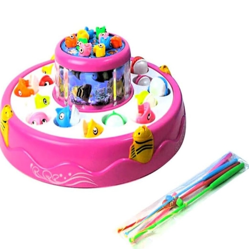Game Toy Set for Kids with Multilayer Rotating Pond, 26 Fishes, 4 Fishing Poles, Dynamic Light and Music – Safe and Durable Gift – Multicolor (Color As Per Stock)