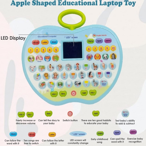 Apple Shape Educational Mini Computer Laptop Toy for Kids LED Display and Fun Music for Learning Alphabets Numbers Words and Animals (Blue)