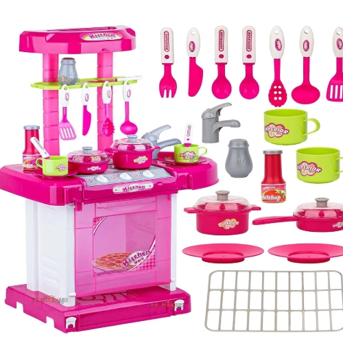 Kitchen Set for Kids Girls Big Cooking Set Light and Sound Pretend Play Toy Battery Operated with Accessories,Plastic - Pink (Pack of 1 set)
