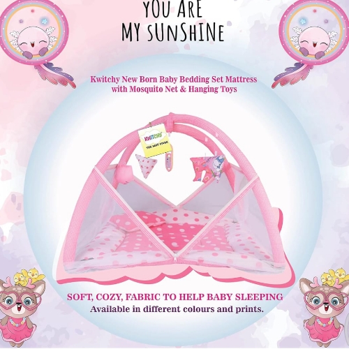 New Born Baby Bedding Set Mattress with Mosquito Net Play Gym Bed (0-6 Months) Pink