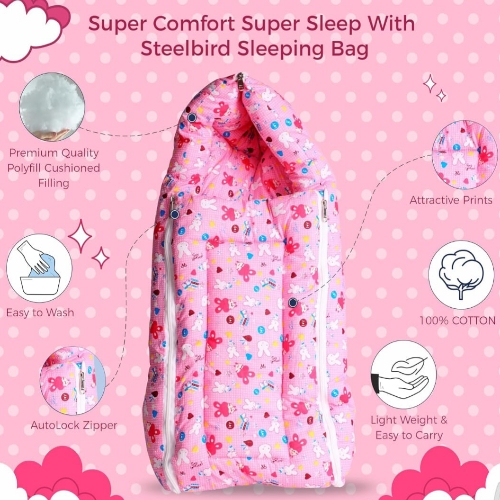 3 in 1 Baby Sleeping Bag and Carry Nest |Cotton Bedding Set for Infants and New Born Baby (Pink)