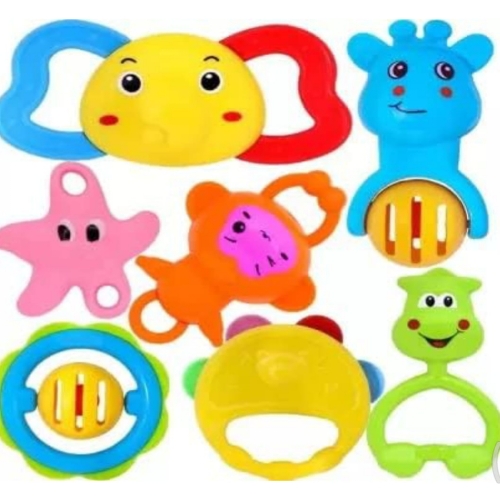 Colourful Plastic Non Toxic Set of 7 Attractive Rattles and Teathers for New Borns, Baby,Kid (Multi Color)