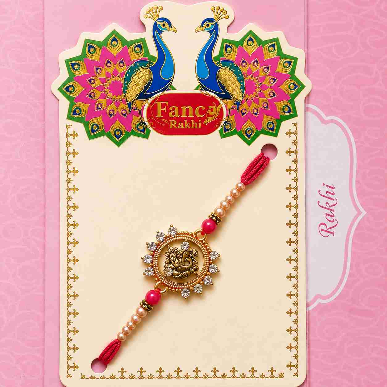 Ganesh Ji Rakhi for Brother | Peacock Design Designer Rakhi with Red &amp; Pearl Beads